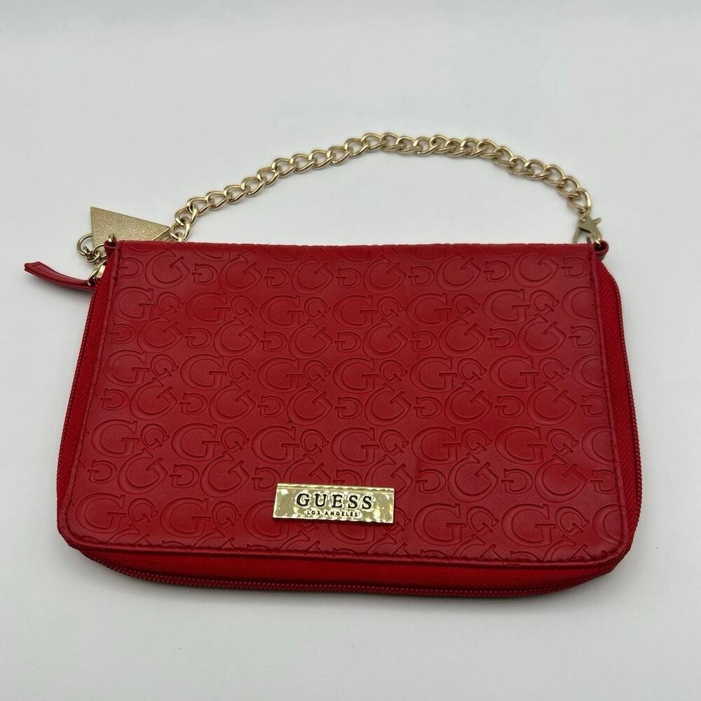 GUESS Red Embossed Logo Zip Around Wallet Wristlet Gold Chain Clutch Leather